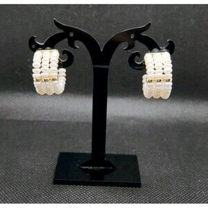 Estate 14k Gold Clutch Back 3 Row Cultured Pearl Hoop Earrings